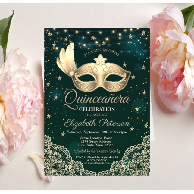 Masque,String Lights,Lace,Stars Green Quinceañera  Invitation (Creator Uploaded)
