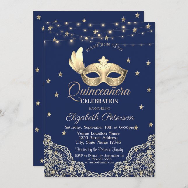 Masque,String Lights,Lace,Stars Quinceañera Invitation (Front/Back)