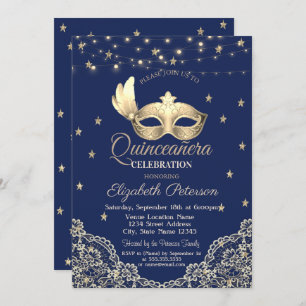 Masque,String Lights,Lace,Stars Quinceañera Invitation