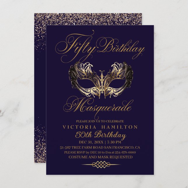 Masquerade 50th Birthday Blue Gold Invitation (Front/Back)