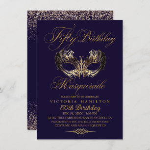 Masquerade 50th Birthday Blue Gold Invitation