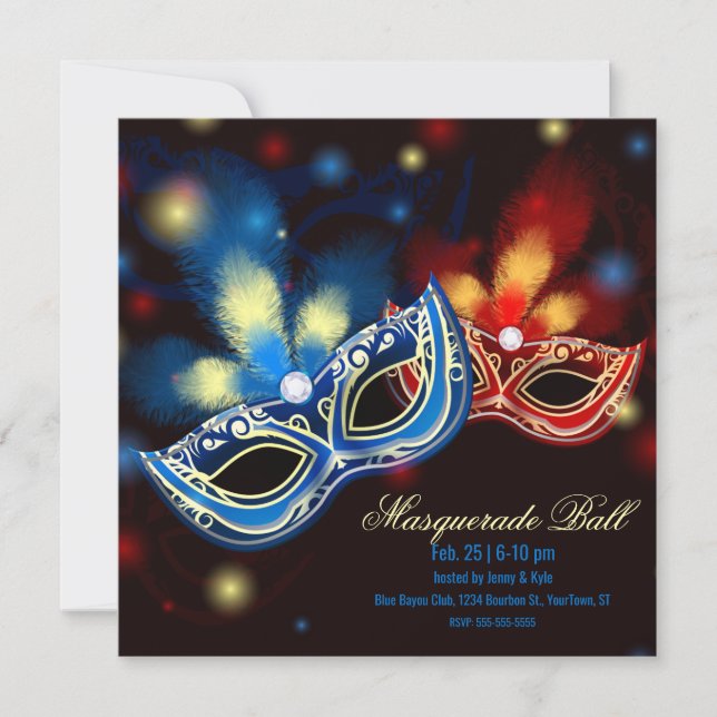 Masquerade B Red and Blue Blue Elegant Invitation (Front)