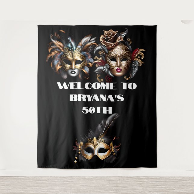 Masquerade ball face masks elegant man lady chic tapestry (Front)