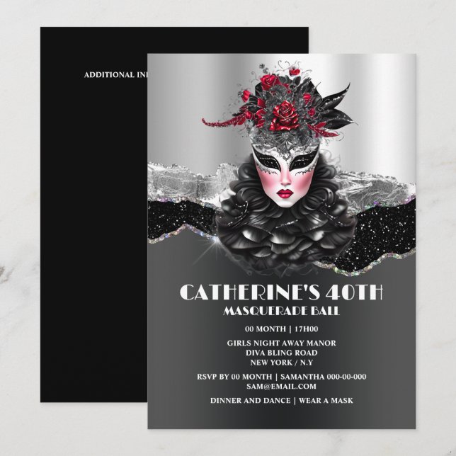 Masquerade ball girls birthday elegant glam masks invitation (Front/Back)