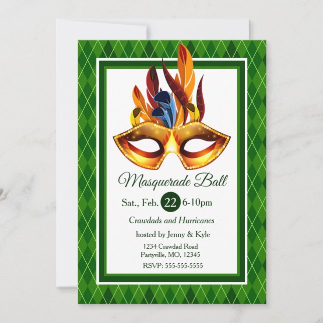Masquerade Ball, green argyle Invitation (Front)