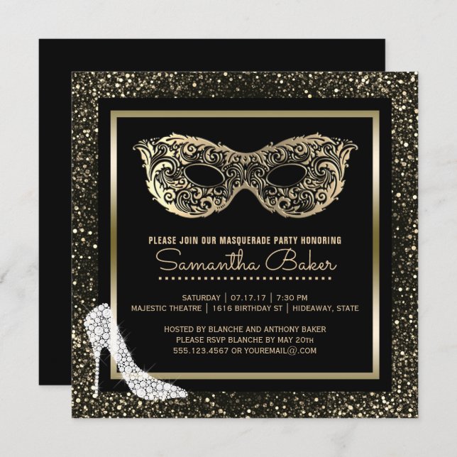 Masquerade Ball High Heels Black Gold Sweet 16 Invitation (Front/Back)