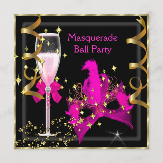 Masquerade Ball Hot-Pink Black Gold Mask Party Invitation