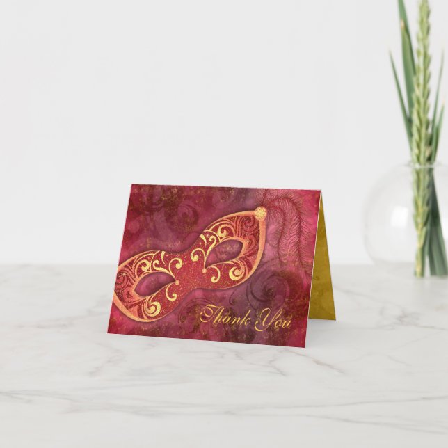 Masquerade Ball Mask Burgundy Wedding Thank You (Front)