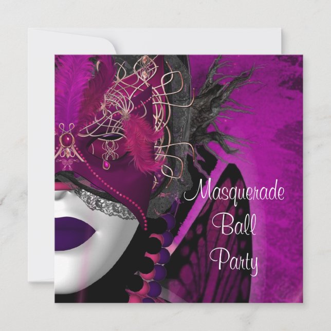 Masquerade Ball Party Mask Black Pink Purple Girl Invitation (Front)