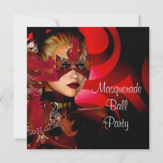 Masquerade Ball Party Mask Black Red Girl 2 Invitation (Front)