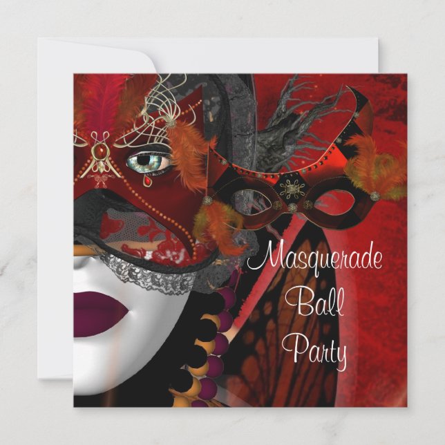 Masquerade Ball Party Mask Black Red Girl 2 Invitation (Front)