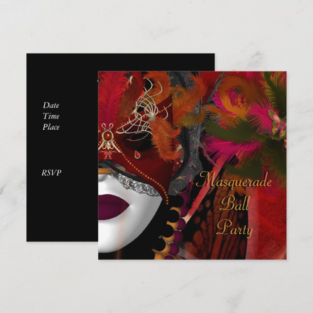 Masquerade Ball Party Mask Black Red Invitation (Front/Back)