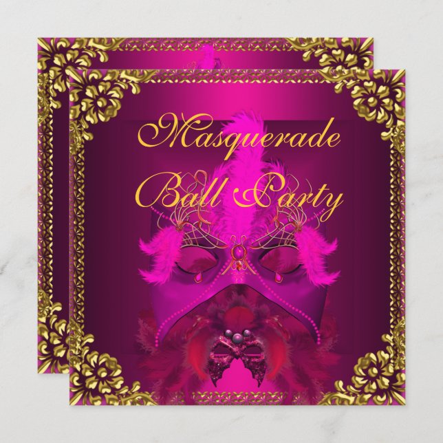 Masquerade Ball Party Masks Gold Deep Pink Invitation (Front/Back)