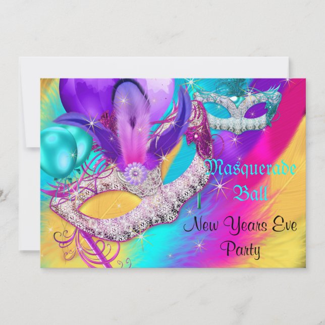 Masquerade Ball Party Masks New Years Eve Colourfu Invitation (Front)