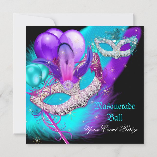 Masquerade Ball Party Masks Purple Teal Blue Invitation (Front)