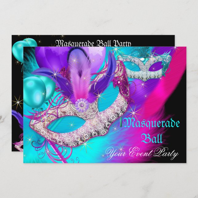 Masquerade Ball Party Masks Purple Teal Blue Pink Invitation (Front/Back)
