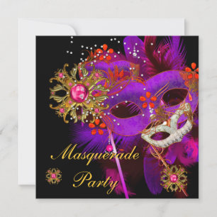 Masquerade Ball Party Purple Pink Black Masks Invitation
