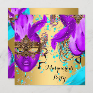 Masquerade Ball Party Purple Teal Blue Masks Gold Invitation
