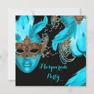Masquerade Ball Party Teal Blue Masks Invitation