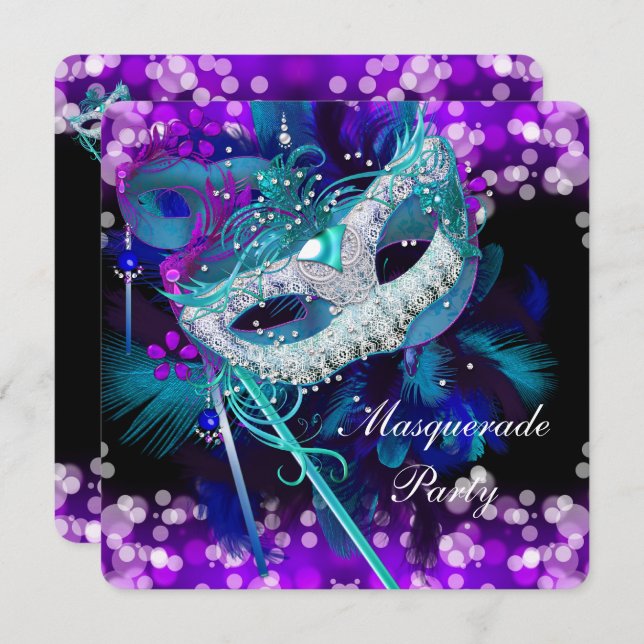 Masquerade Ball Party Teal Blue Purple Mask 2 Invitation (Front/Back)