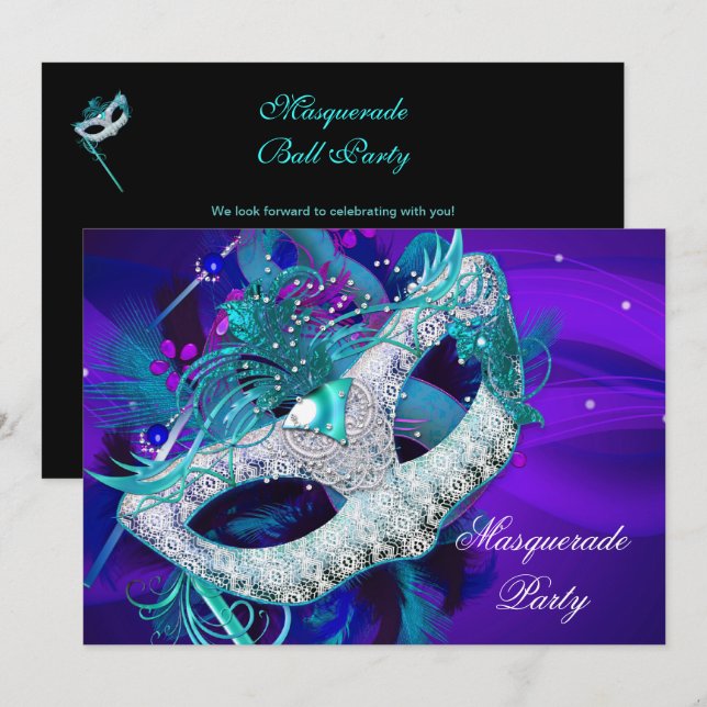Masquerade Ball Party Teal Blue Purple Masks ab Invitation (Front/Back)