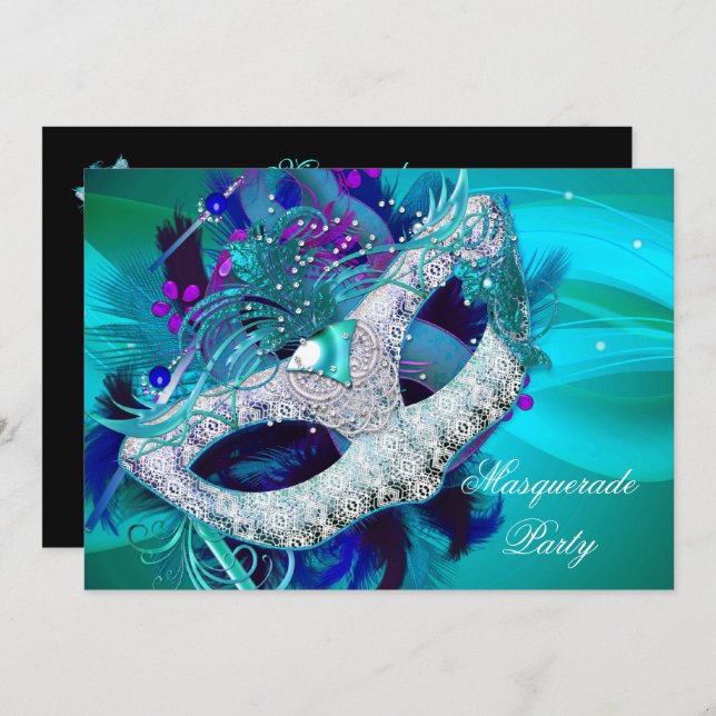 Masquerade Ball Party Teal Blue Purple Masks D Invitation (Front/Back)