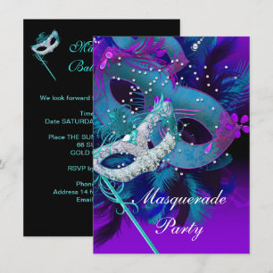 Masquerade Ball Party Teal Blue Purple Masks Invitation