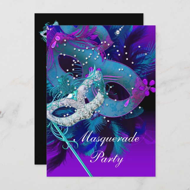 Masquerade Ball Party Teal Blue Purple Masks Invitation (Front/Back)
