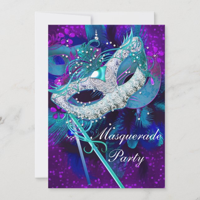 Masquerade Ball Party Teal Blue Purple Masks large Invitation (Front)