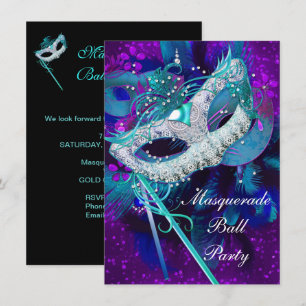 Masquerade Ball Party Teal Blue Purple Masks LGE Invitation
