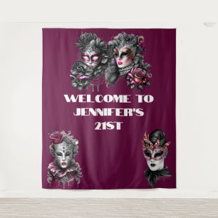 Masquerade ball pink black silver masks fuchsia  tapestry