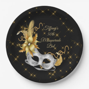 Masquerade Ball Plate, Black Gold Silver Paper Plate