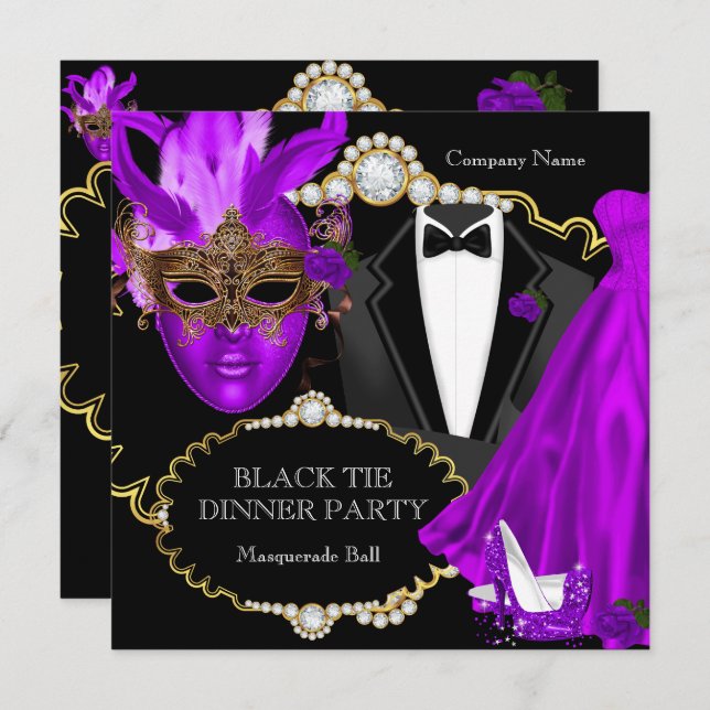 Masquerade Ball Purple Black Tie Dinner Party Invitation (Front/Back)