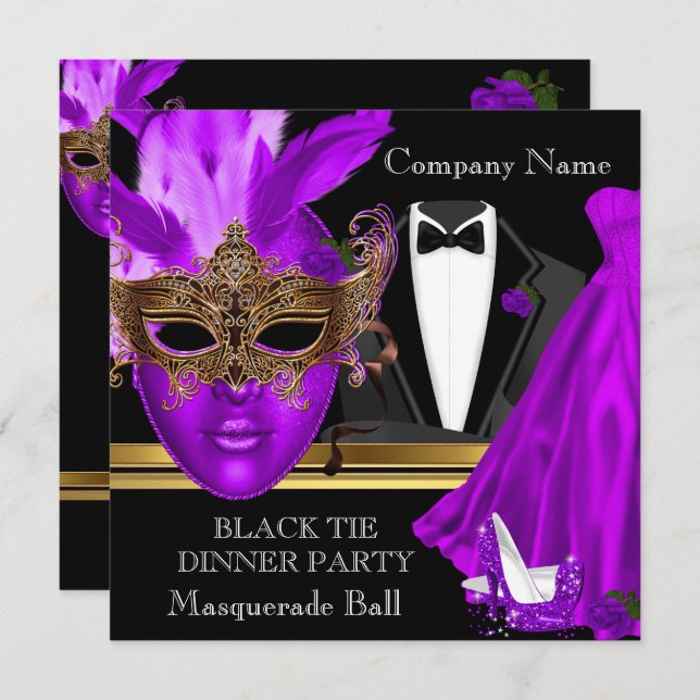 Masquerade Ball Purple Black Tie Party Invitation (Front/Back)
