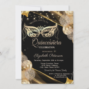Masquerade Balloons Stars Black Quinceañera  Invitation