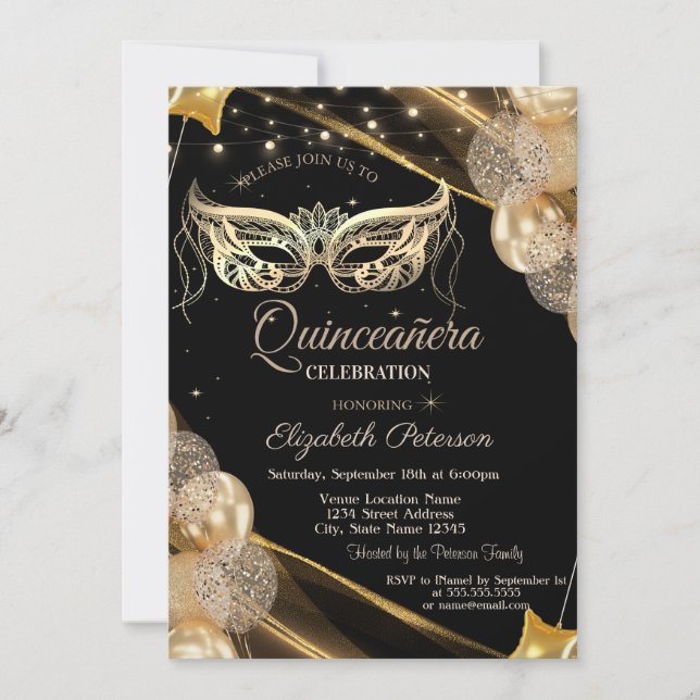 Masquerade Balloons Stars Black Quinceañera  Invitation (Front)