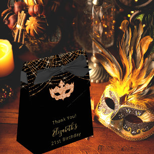 Masquerade birthday black glitter gold thank you favour box