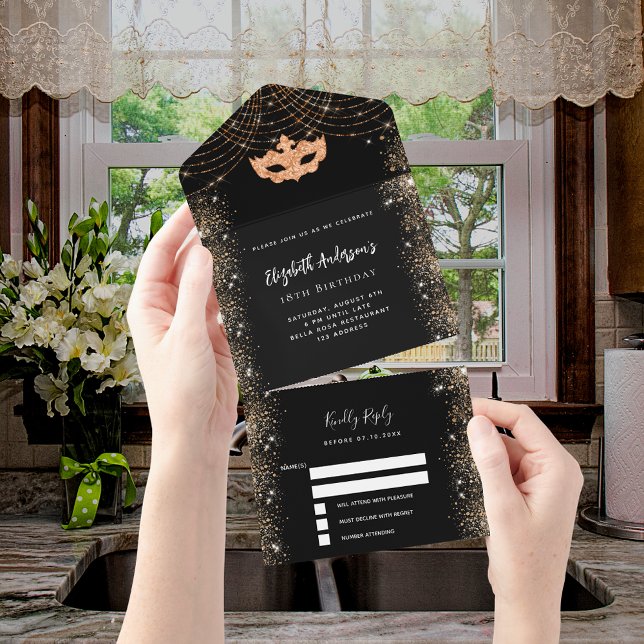 Masquerade birthday black gold mask RSVP All In One Invitation (Creator Uploaded)