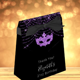 Masquerade birthday black purple glitter thank you favour box