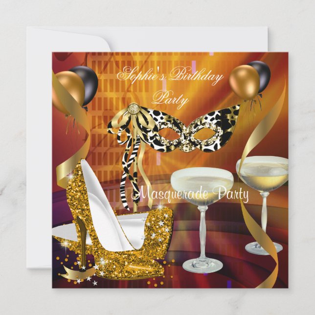 Masquerade Birthday Gold Stiletto Champagne Party Invitation (Front)