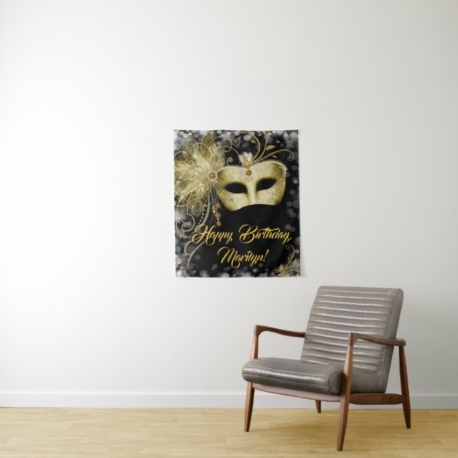 Masquerade Birthday Party Backdrop Tapestry (In Situ)