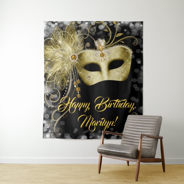 Masquerade Birthday Party Backdrop Tapestry (In Situ)