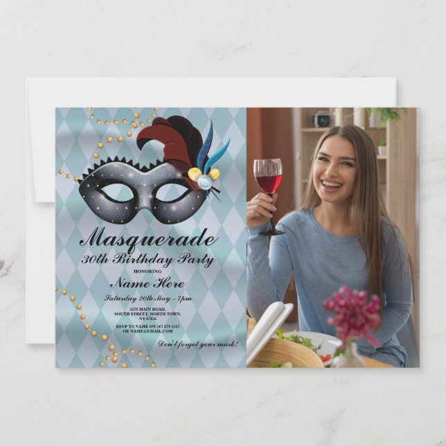Masquerade Birthday Party Gold Blue Mask Photo Invitation (Front)