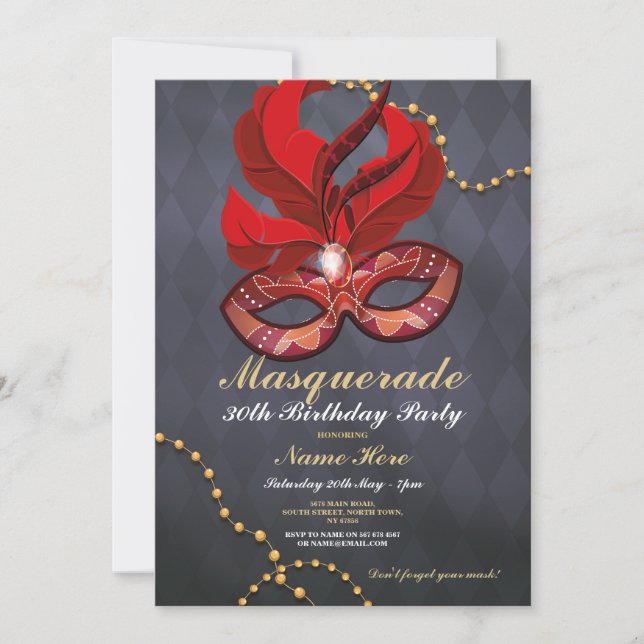 Masquerade Birthday Party Gold Red Mask Invite (Front)