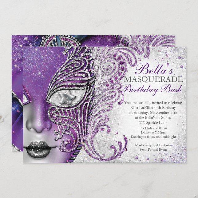 Masquerade Birthday Party Invitations (Front/Back)