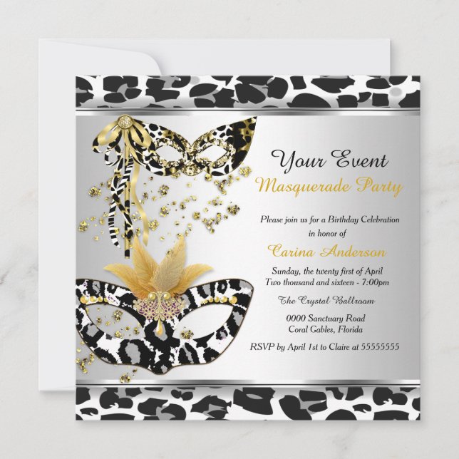 Masquerade Birthday Party Leopard Black Silver Invitation (Front)
