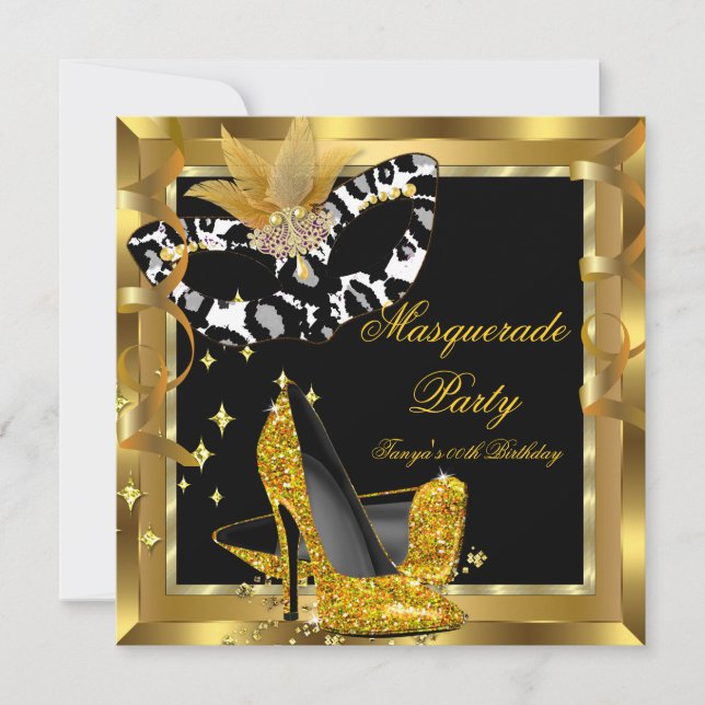 Masquerade Birthday Party Mask Wild Gold Heels Invitation (Front)