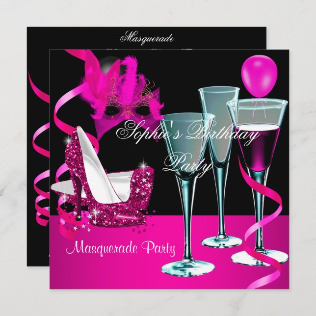 Masquerade Birthday Party Pink Wine Stiletto Invitation (Front/Back)