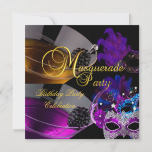 Masquerade Birthday Party Purple Pink Masks Invitation