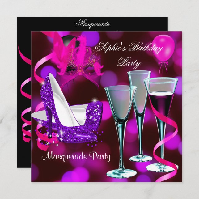 Masquerade Birthday Party Purple Pink Stiletto Invitation (Front/Back)